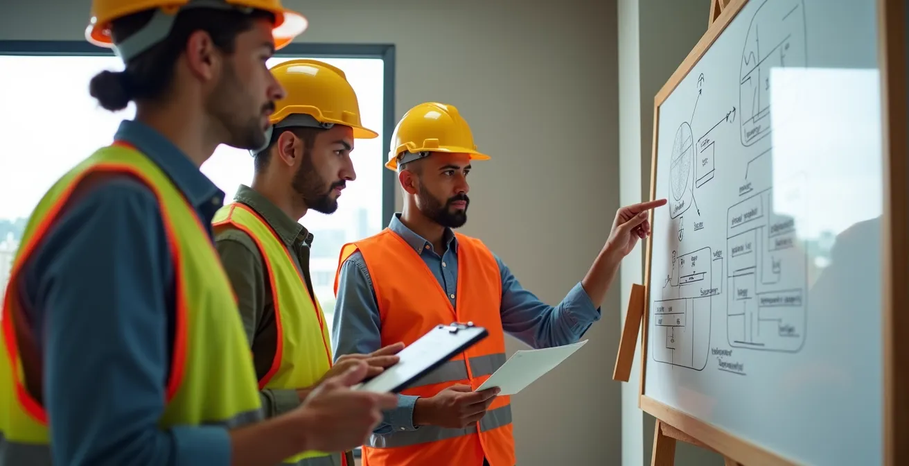 Groupe de professionnels du BTP analysant ensemble un diagramme de causes d'accident sur un tableau