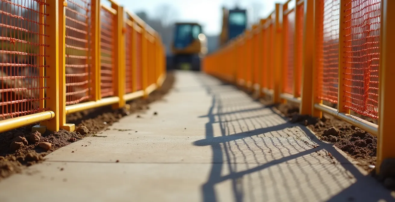 Chemin piétonnier protégé traversant une zone de terrassement avec garde-corps et signalétique