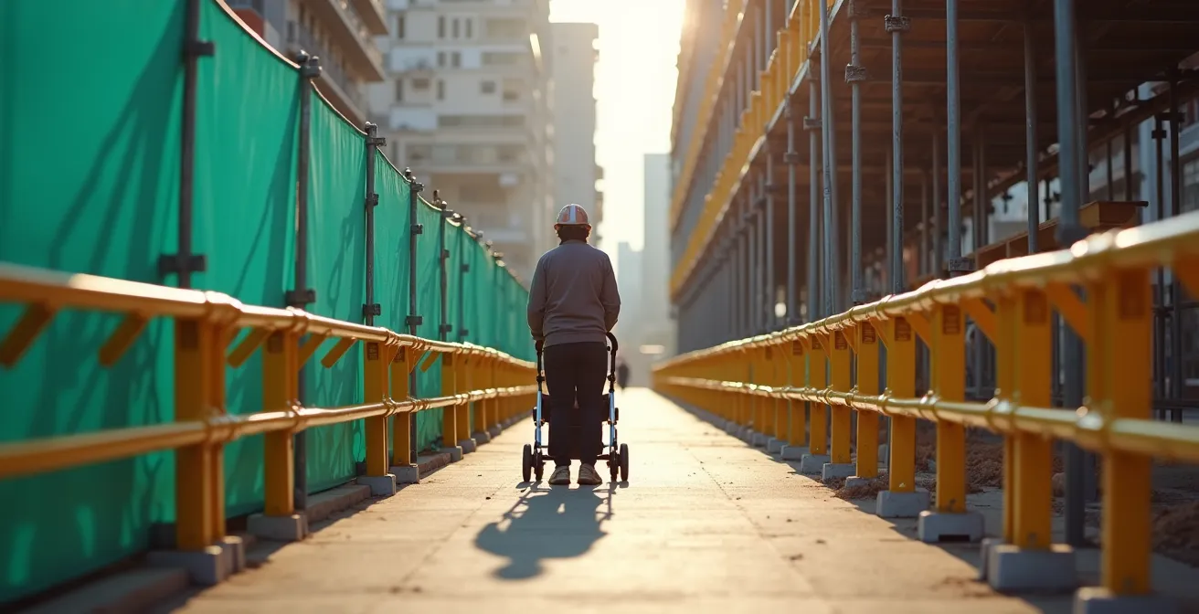 Corridor piéton temporaire sécurisé le long d'un échafaudage avec barrières de protection et signalisation
