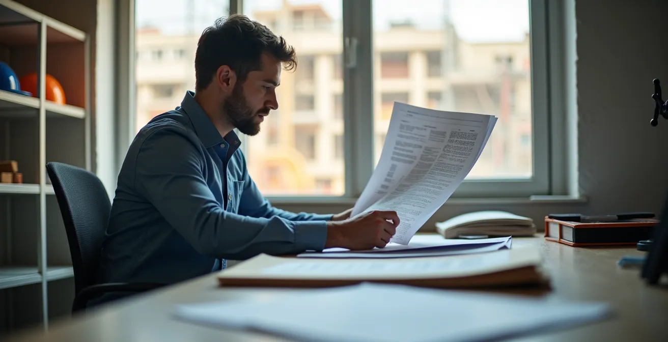 Bureau de chantier avec dossiers organisés et chef de chantier préparant méthodiquement le décompte général définitif