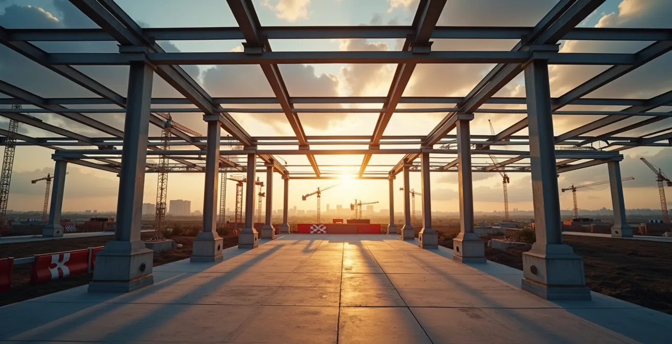 Vue grand angle d'un chantier de construction au coucher du soleil avec des structures métalliques créant des lignes géométriques