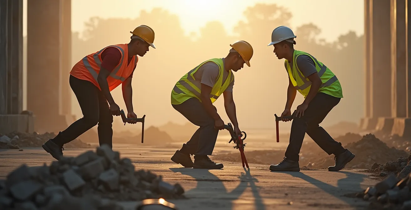 Groupe d'ouvriers effectuant naturellement des mouvements d'échauffement en préparant leur matériel