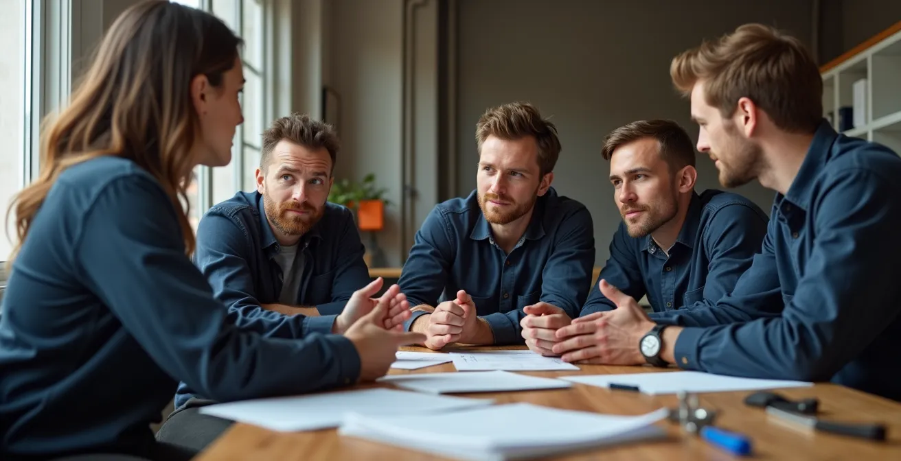 Un formateur explique un processus à une équipe de plombiers autour d'une table, ambiance collaborative