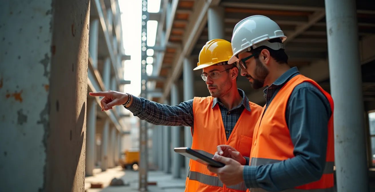 Inspection commune sur chantier avec prise de notes et relevés photographiques