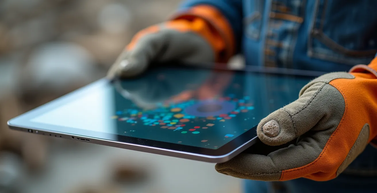 Gros plan macro sur des mains tenant une tablette avec des pastilles colorées floues représentant des points de contrôle sur un plan