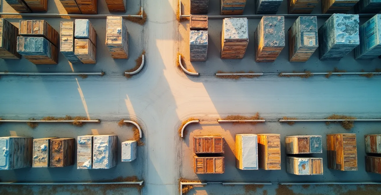 Vue aérienne d'une zone de stockage de chantier parfaitement organisée avec des matériaux triés par lots et zones délimitées