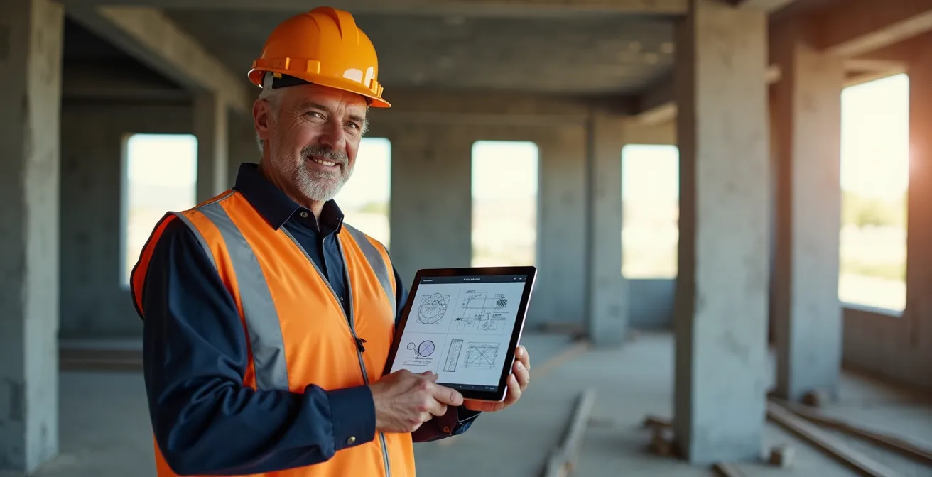 Chef de chantier consultant une tablette numérique avec procédures visuelles sur un chantier