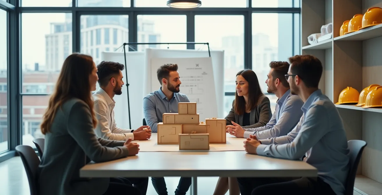 Directeur technique en réunion avec des conducteurs de travaux autour d'une maquette de chantier