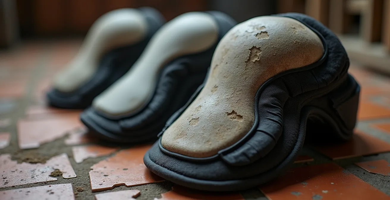 Gros plan sur genouillères professionnelles montrant différents niveaux d'usure et protection