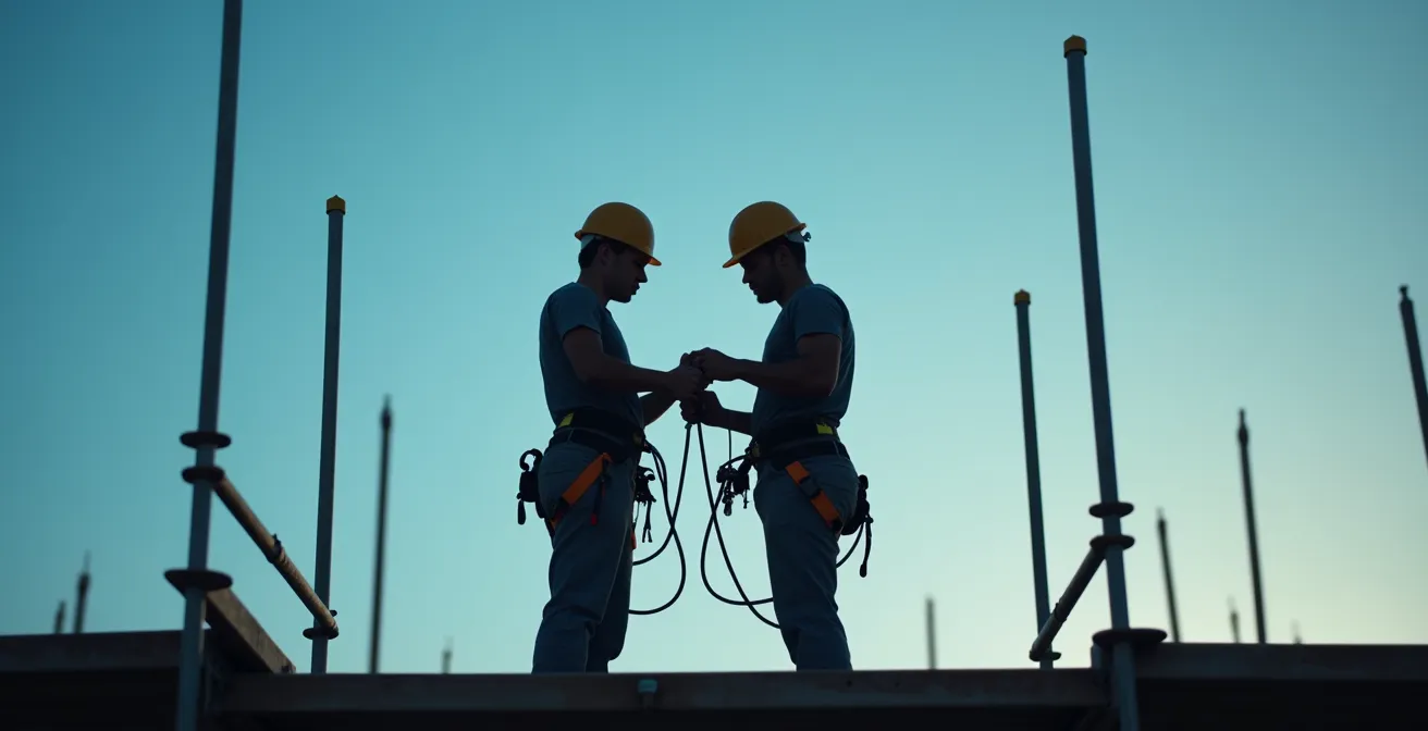 Deux ouvriers effectuant une vérification croisée de leurs harnais de sécurité sur un échafaudage